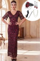Load image into Gallery viewer, Burgundy Sparkly Sheath Sequin V-Neck Long 1920s Dress with 20s Accessories Set