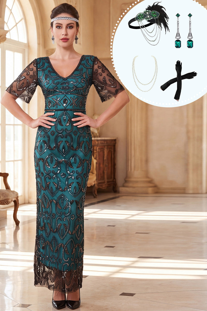 Load image into Gallery viewer, Sheath Peacock Green Sparkly Sequin V-Neck Long 1920s Dress with 20s Accessories Set