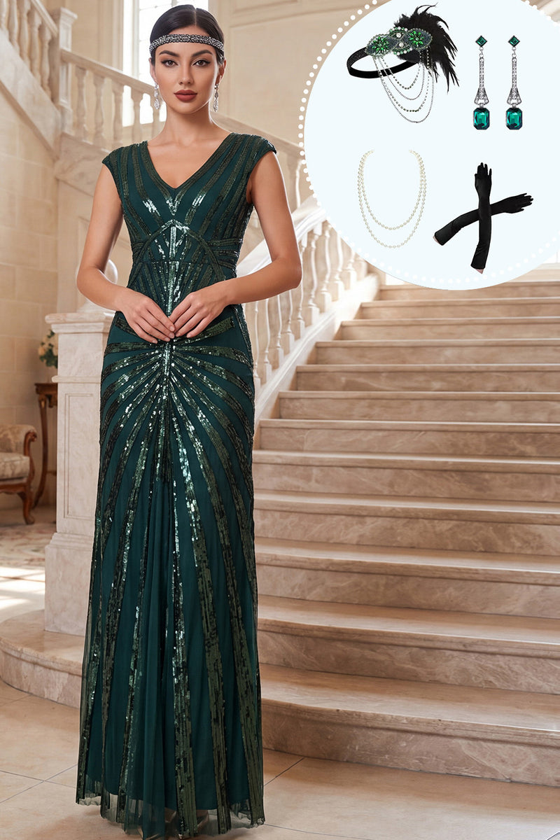 Load image into Gallery viewer, Sheath Dark Green Sparkly Sequin V-Neck Long 1920s Dress with 20s Accessories Set
