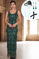 Load image into Gallery viewer, Fringed Dark Green Sheath Sparkly Sequin Long 1920s Dress with 20s Accessories Set