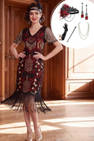 Load image into Gallery viewer, Black Red Tight Sparkly Sequin Fringed V-Neck Midi 1920s Dress with 20s Accessories Set