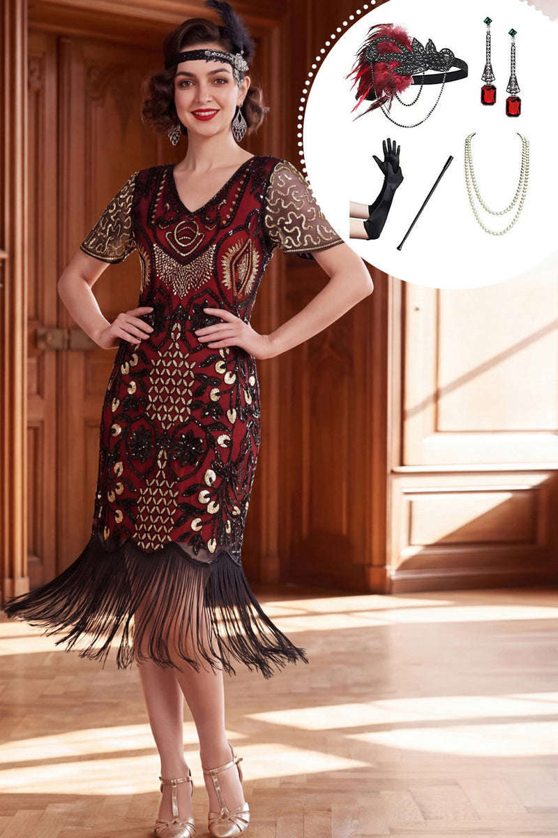 Load image into Gallery viewer, Black Red Tight Sparkly Sequin Fringed V-Neck Midi 1920s Dress with 20s Accessories Set