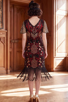 Load image into Gallery viewer, Black Red Tight Sparkly Sequin Fringed V-Neck Midi 1920s Dress with 20s Accessories Set