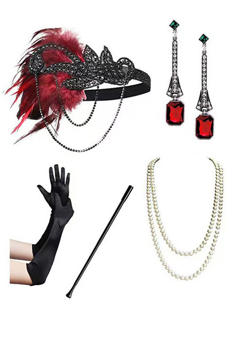 Load image into Gallery viewer, Black Red Tight Sparkly Sequin Fringed V-Neck Midi 1920s Dress with 20s Accessories Set