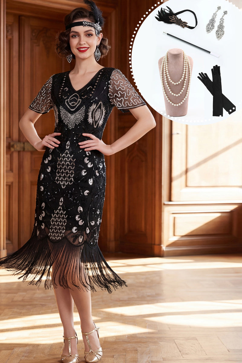 Load image into Gallery viewer, Black Silver Tight Sparkly Sequin Fringed V-Neck Midi 1920s Dress with 20s Accessories Set