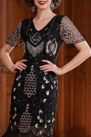 Load image into Gallery viewer, Black Silver Tight Sparkly Sequin Fringed V-Neck Midi 1920s Dress with 20s Accessories Set