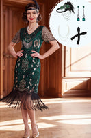 Load image into Gallery viewer, Tight Dark Green Sparkly Sequin Fringed V-Neck Midi 1920s Dress with 20s Accessories Set