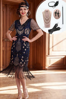 Load image into Gallery viewer, Sparkly Black Silver Sequin Fringed Tight V-Neck Midi 1920s Dress with 20s Accessories Set