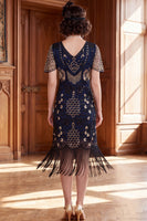 Load image into Gallery viewer, Sparkly Black Silver Sequin Fringed Tight V-Neck Midi 1920s Dress with 20s Accessories Set