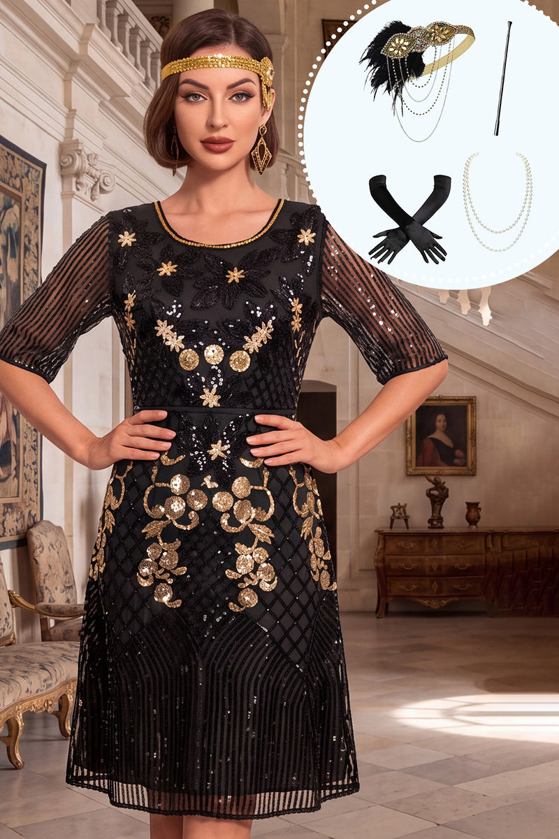 Load image into Gallery viewer, A Line Black Golden Sparkly Floral Sequin Midi 1920s Dress with 20s Accessories Set