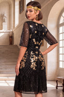 Load image into Gallery viewer, A Line Black Golden Sparkly Floral Sequin Midi 1920s Dress with 20s Accessories Set