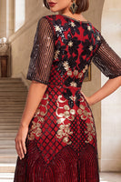 Load image into Gallery viewer, Sparkly Black Red Floral A Line Sequin Midi 1920s Dress with 20s Accessories Set