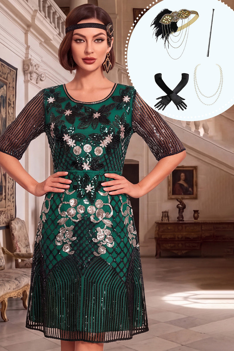 Load image into Gallery viewer, Floral Dark Green A Line Sparkly Sequin Midi 1920s Dress with 20s Accessories Set
