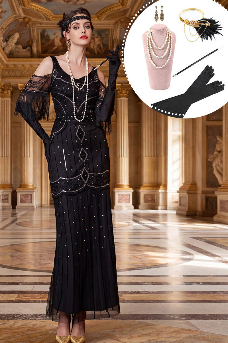 Load image into Gallery viewer, Sheath Black Sparkly Sequin Beaded Cold Shoulder Long 1920s Dress with 20s Accessories Set