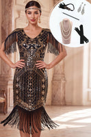 Load image into Gallery viewer, Black Golden Tight Sparkly Sequin Fringed V-Neck Midi 1920s Dress with 20s Accessories Set