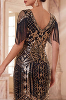 Load image into Gallery viewer, Black Golden Tight Sparkly Sequin Fringed V-Neck Midi 1920s Dress with 20s Accessories Set