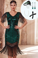 Load image into Gallery viewer, Fringed Dark Green Sparkly Sequin V-Neck Midi 1920s Dress with 20s Accessories Set