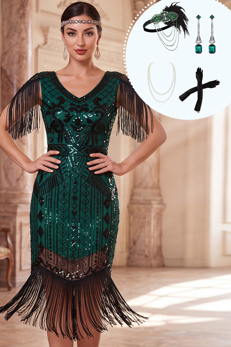 Load image into Gallery viewer, Fringed Dark Green Sparkly Sequin V-Neck Midi 1920s Dress with 20s Accessories Set