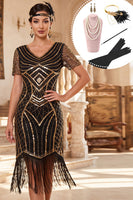 Load image into Gallery viewer, Sparkly Black Golden Tight Sequin Fringed V-Neck Midi 1920s Dress with 20s Accessories Set