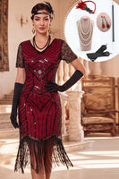 Load image into Gallery viewer, Fringed Black Red Sparkly Sequin V-Neck Midi 1920s Dress with 20s Accessories Set
