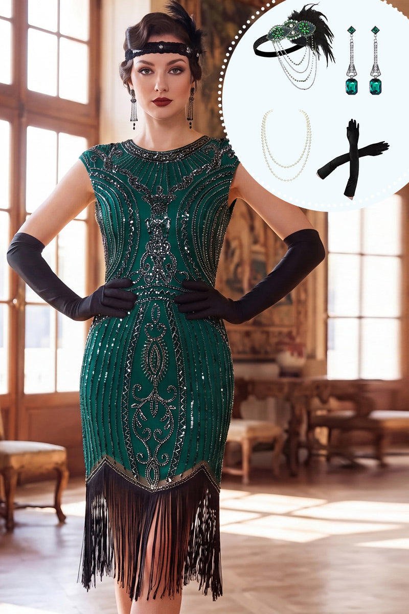 Load image into Gallery viewer, Dark Green Tight Fringed Sparkly Beaded Round Neck Midi 1920s Dress with 20s Accessories Set