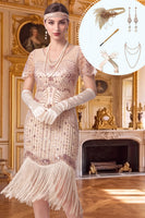 Load image into Gallery viewer, Apricot Tight Sparkly Sequin Fringed V-Neck Midi 1920s Dress with 20s Accessories Set