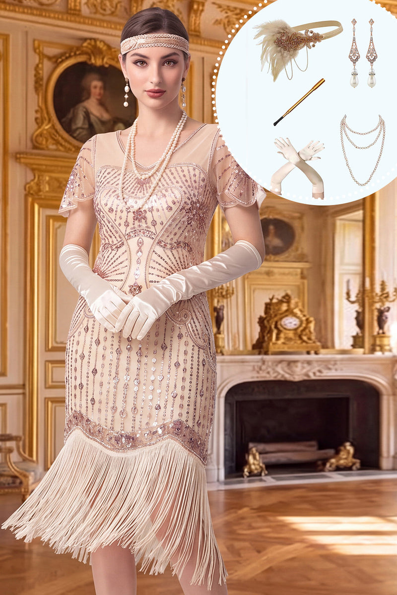 Load image into Gallery viewer, Apricot Tight Sparkly Sequin Fringed V-Neck Midi 1920s Dress with 20s Accessories Set
