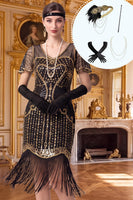 Load image into Gallery viewer, Sparkly Black Golden Sequin Tight V-Neck Midi 1920s Dress with 20s Accessories Set