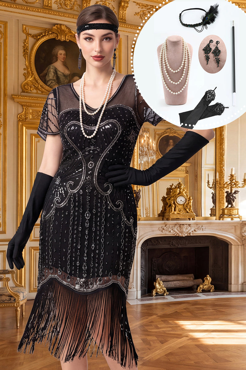 Load image into Gallery viewer, Sparkly Beaded Black Silver Tight V-Neck Midi 1920s Dress with 20s Accessories Set