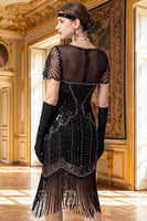 Load image into Gallery viewer, Sparkly Beaded Black Silver Tight V-Neck Midi 1920s Dress with 20s Accessories Set