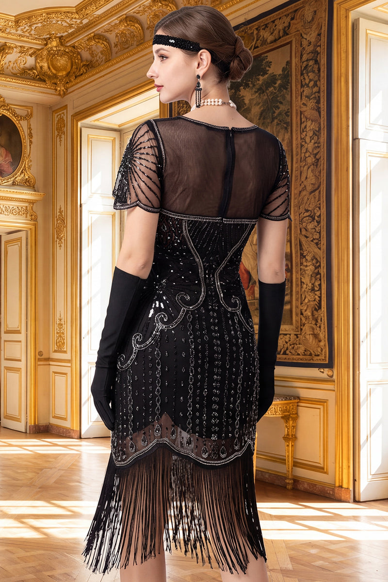Load image into Gallery viewer, Sparkly Beaded Black Silver Tight V-Neck Midi 1920s Dress with 20s Accessories Set