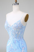 Load image into Gallery viewer, Spaghetti Straps Blue Tight Homecoming Dress with Sequins