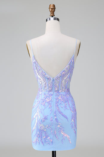 Lilac Blue Spaghetti Straps Tight Short Homecoming Dress with Sequins