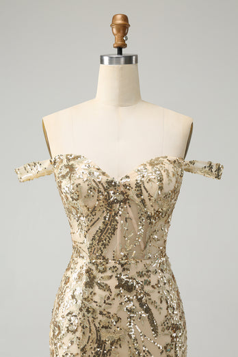 Golden Off The Shoulder Borycon Corset Homecoming Dress with Sequins