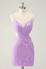 Load image into Gallery viewer, Sparkly Purple Spaghetti Straps Bodycon Homcoming Dress with Sequins
