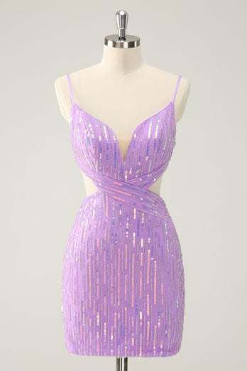 Sparkly Purple Spaghetti Straps Bodycon Homcoming Dress with Sequins