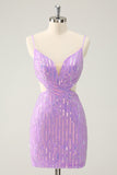 Sparkly Purple Spaghetti Straps Bodycon Homcoming Dress with Sequins