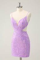 Load image into Gallery viewer, Sparkly Purple Spaghetti Straps Bodycon Homcoming Dress with Sequins