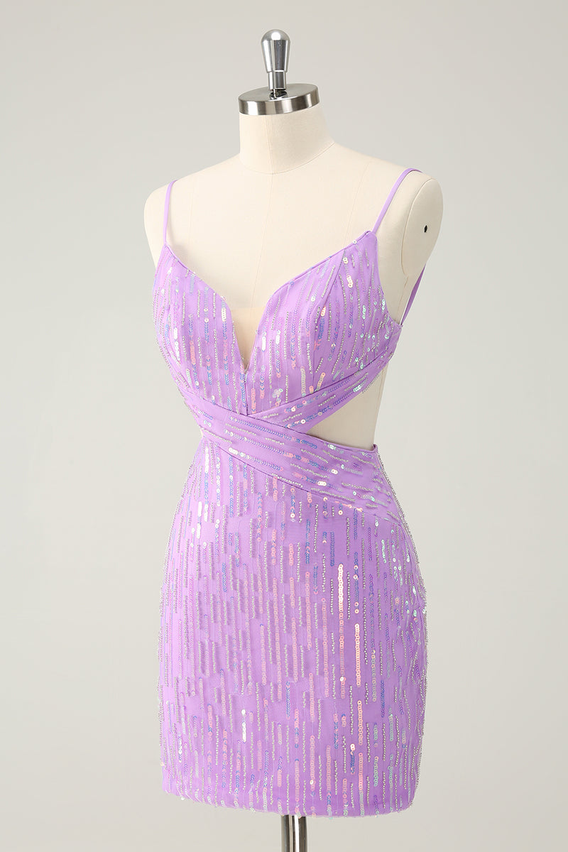 Load image into Gallery viewer, Sparkly Purple Spaghetti Straps Bodycon Homcoming Dress with Sequins