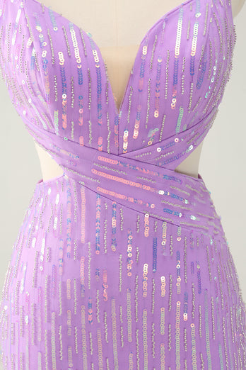 Sparkly Purple Spaghetti Straps Bodycon Homcoming Dress with Sequins