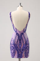 Load image into Gallery viewer, Dark Purple V-Neck Bodycon Short Homecoming Dress with Sequins