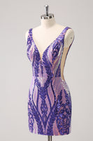 Load image into Gallery viewer, Dark Purple V-Neck Bodycon Short Homecoming Dress with Sequins
