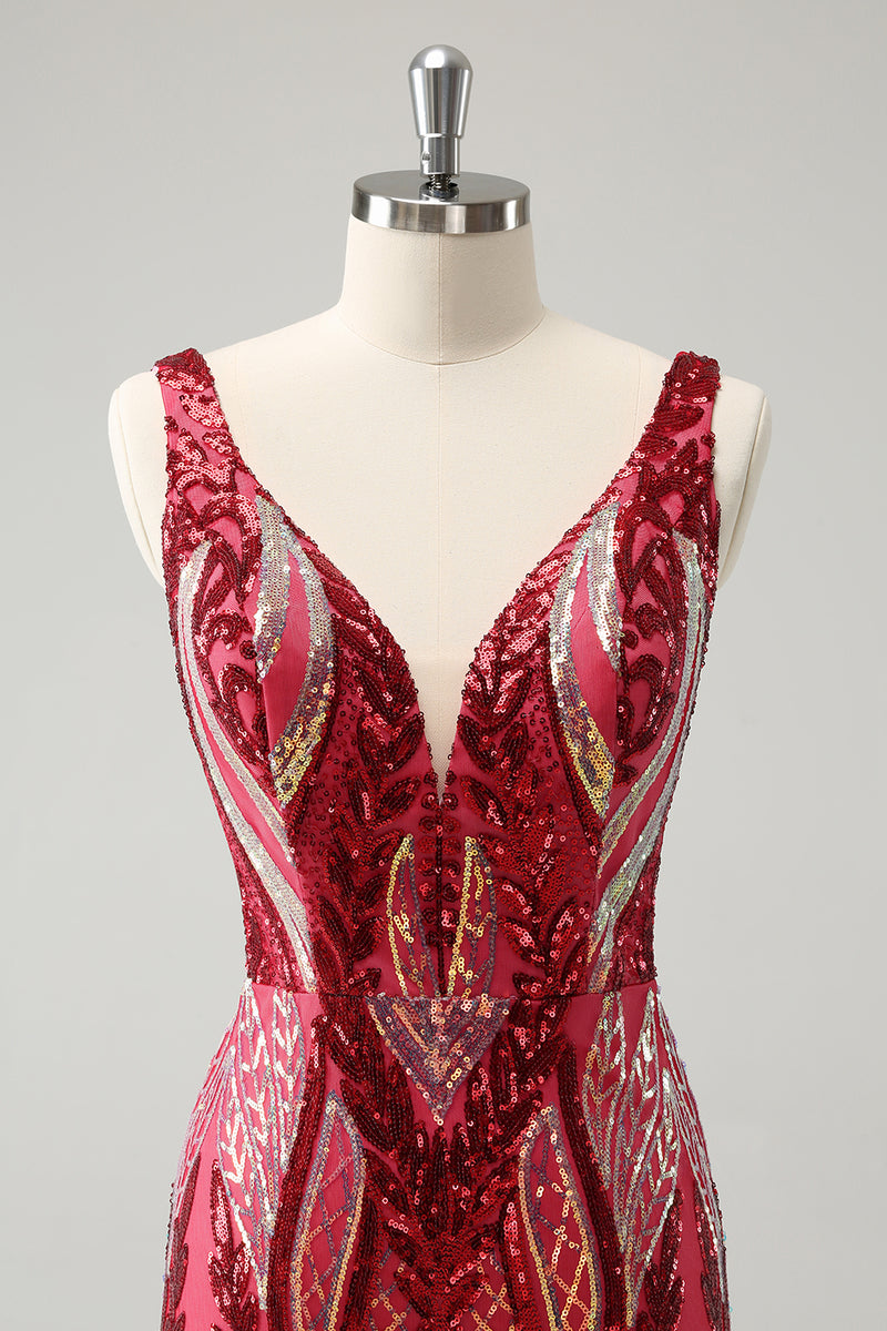 Load image into Gallery viewer, Bodycon Fuchsia V-Neck Homecoming Dress with Sequins