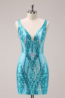 Load image into Gallery viewer, Queendancer Women Dark Purple Short Homecoming Dress with Sequins V-Neck Bodycon Backless Cocktail Dress