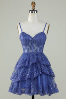 Load image into Gallery viewer, Sparkly Spaghetti Straps Sequins Purple Short Homecoming Dress