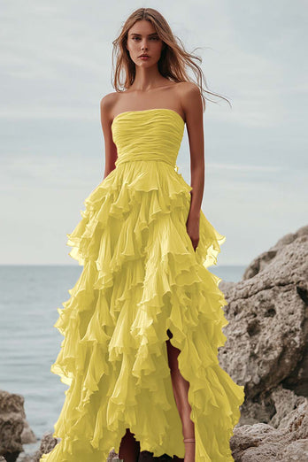 Fuchsia Tulle A Line Tiered Ruched Long Formal Dress