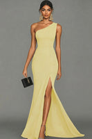 Load image into Gallery viewer, Dark Green Satin One Shoulder Mermaid Long Formal Dress with Slit