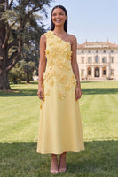 Load image into Gallery viewer, Floral Yellow A Line One Shoulder Maxi Formal Dress