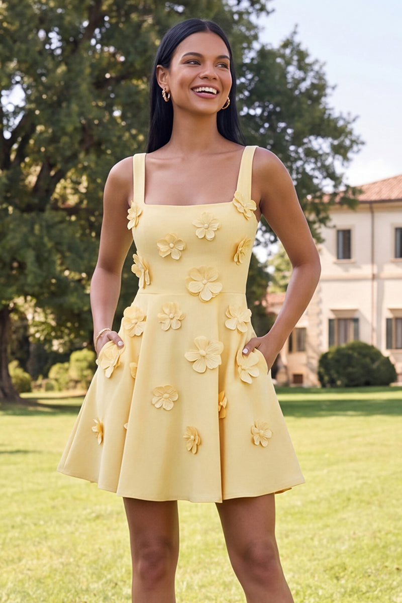 Load image into Gallery viewer, Blue Floral Square Neck A Line Short Homecoming Dress with Pockets