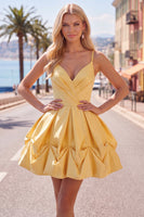 Load image into Gallery viewer, Yellow Spaghetti Straps Ruched A Line Short Homecoming Dress